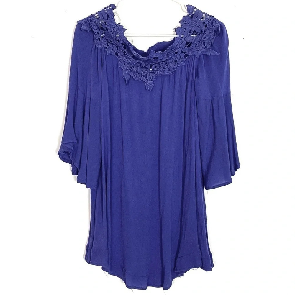 Umgee USA Tunic Dress Womens Size Small Lace Off Shoulder Bell Sleeve Boho Chic